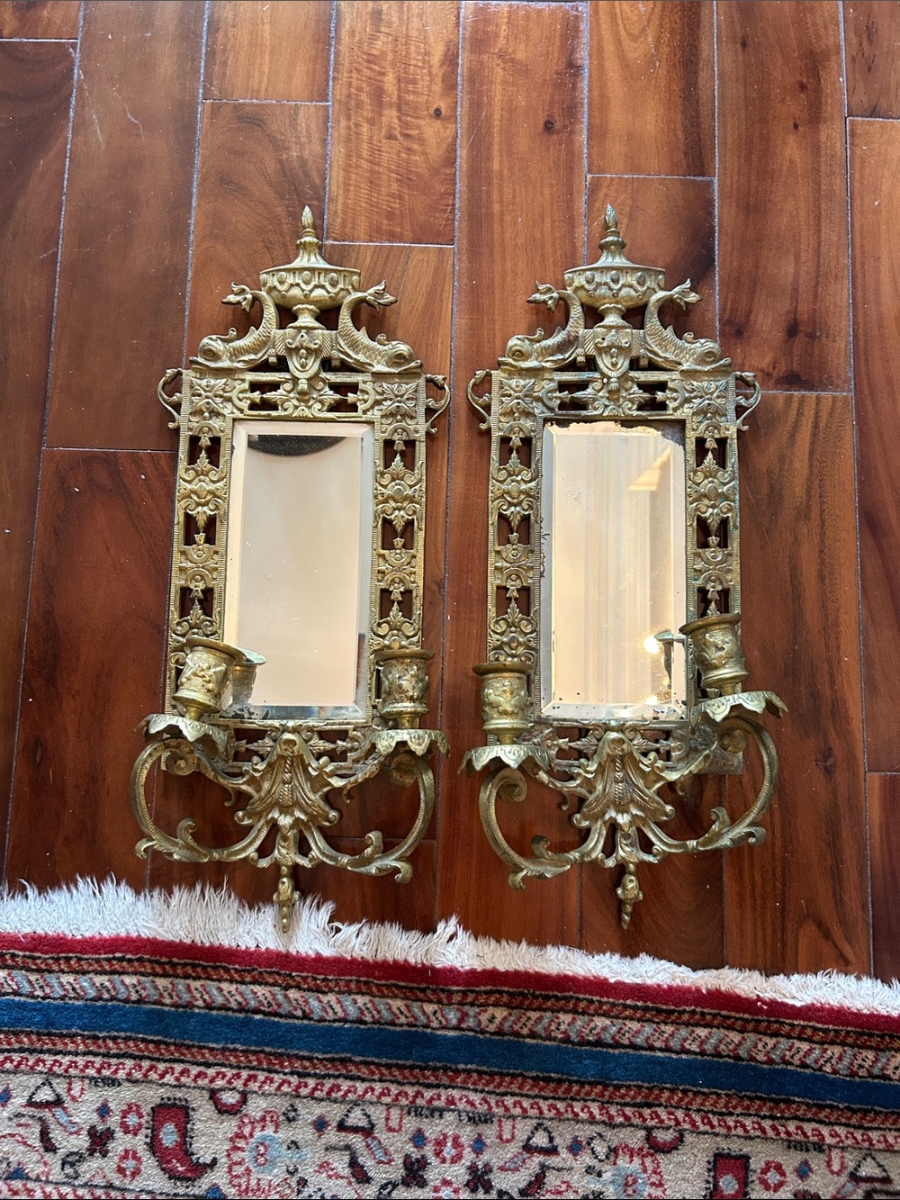 Antique Ornate Brass Wall Sconce Mirror Pair - Brass Finish